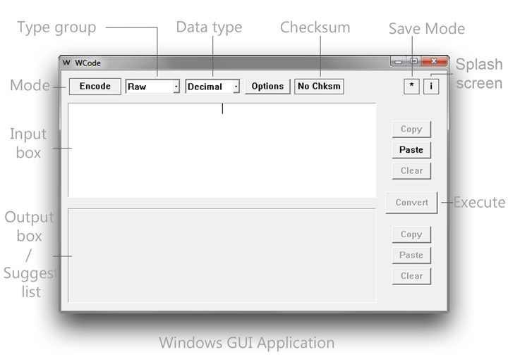 captioned screen shot of the WCode windows GUI application